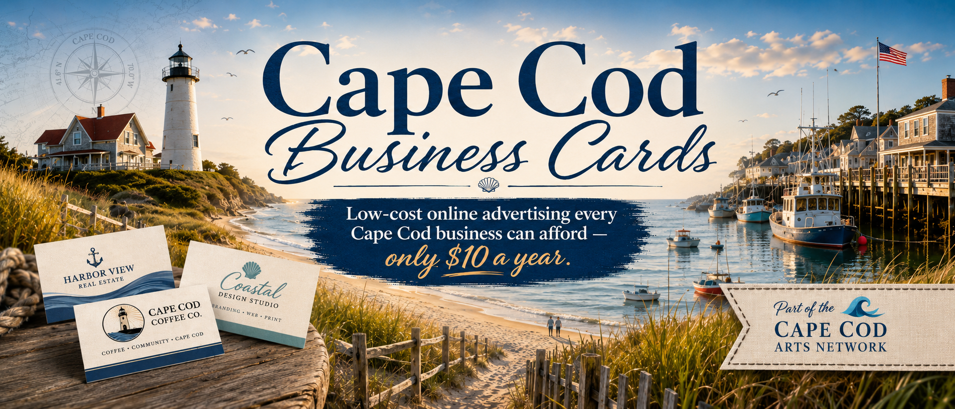 Cape Cod Business Cards banner with lighthouse, harbor, business cards, and Cape Cod Arts Network badge